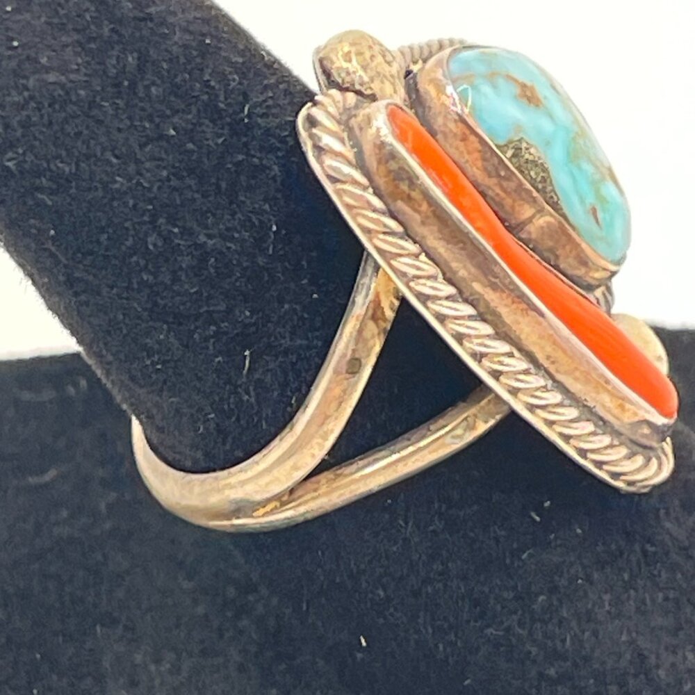 Vintage Signed Native American Silver Turquoise Coral Ring 5 1/2 - Picture 8 of 15